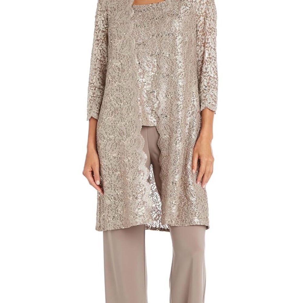 Sequined Lace Duster 3 Piece Formal Pants Suit in Mauve Taupe by R&M Richards - Picture 8 of 9